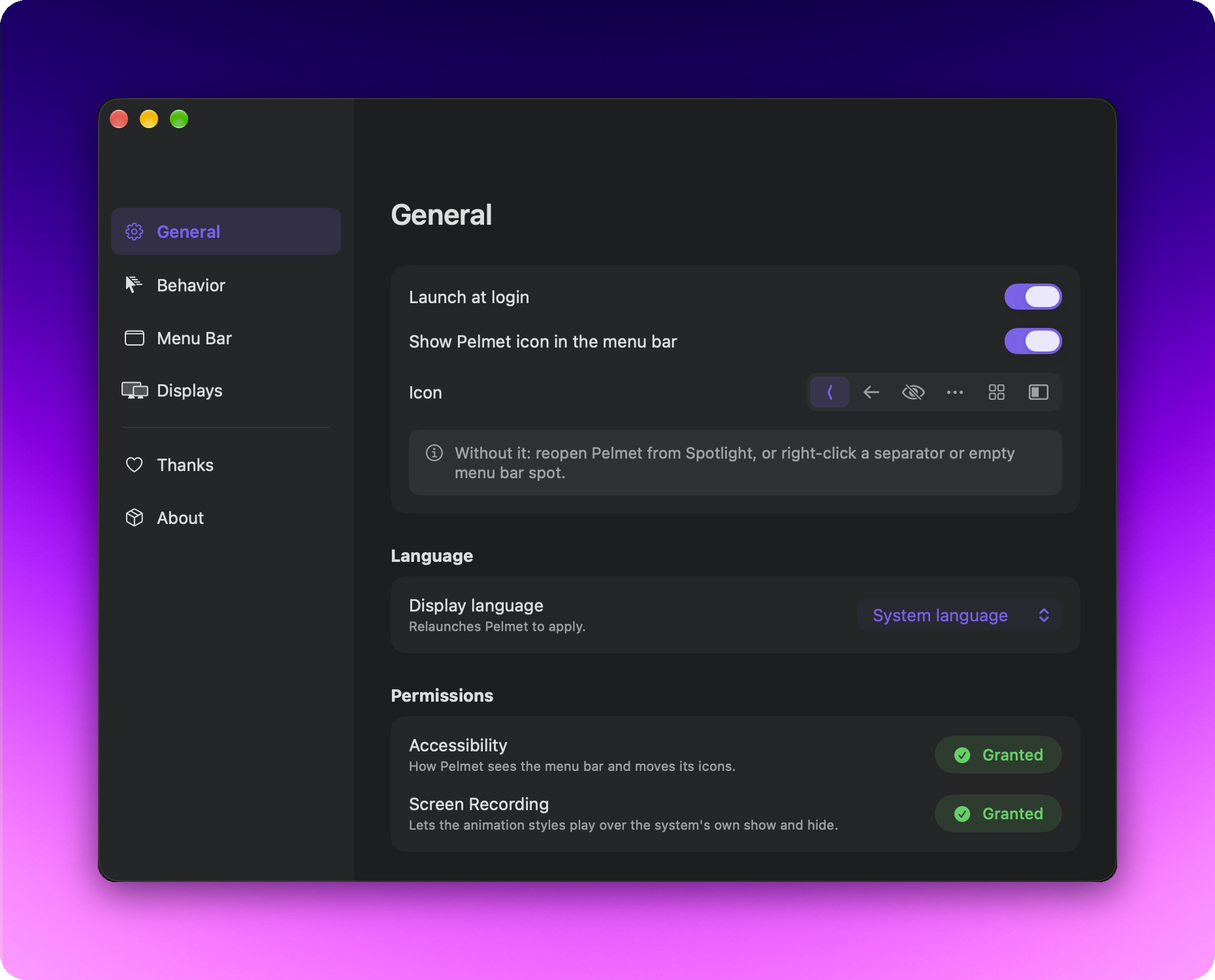 General settings: launch at login, the menu bar icon toggle with six icon styles, display language picker, Accessibility and Screen Recording permission status