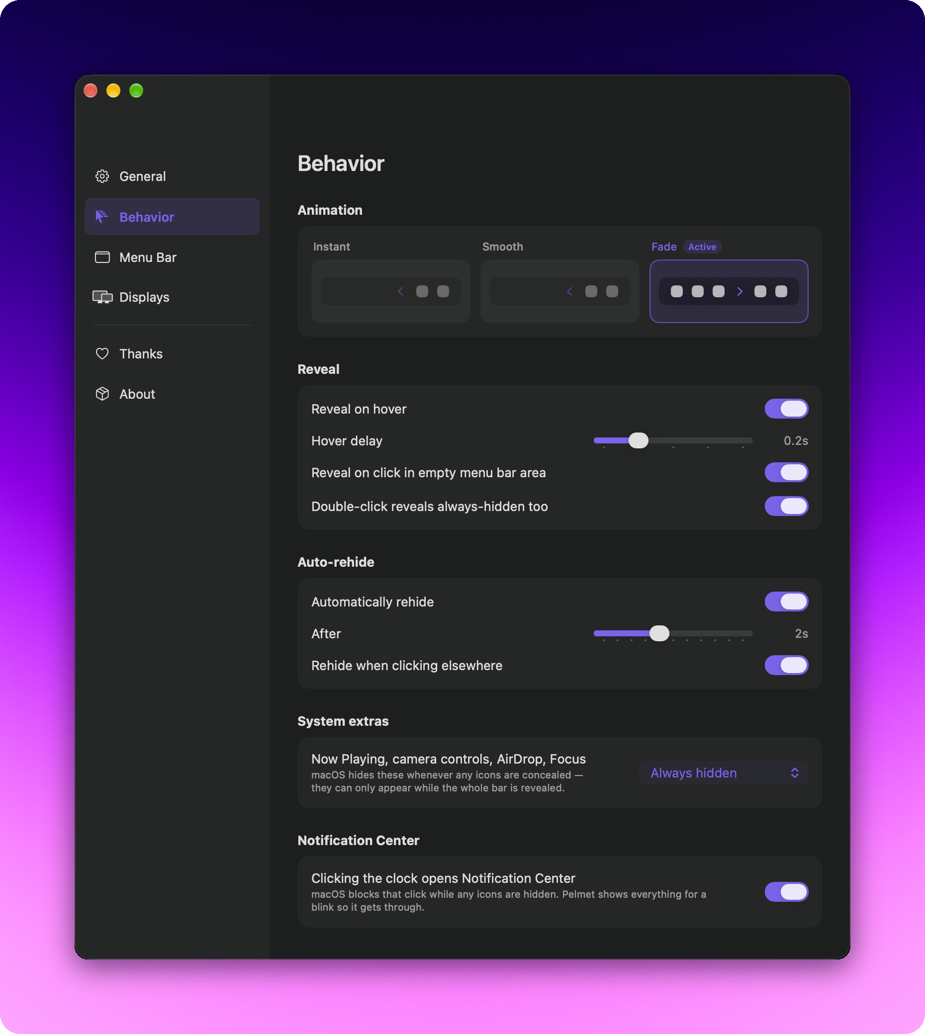 Behavior settings: Instant/Smooth/Fade animation cards with a live preview, reveal on hover with a stepped delay slider, click and double-click reveals, auto-rehide after a stepped delay, system extras