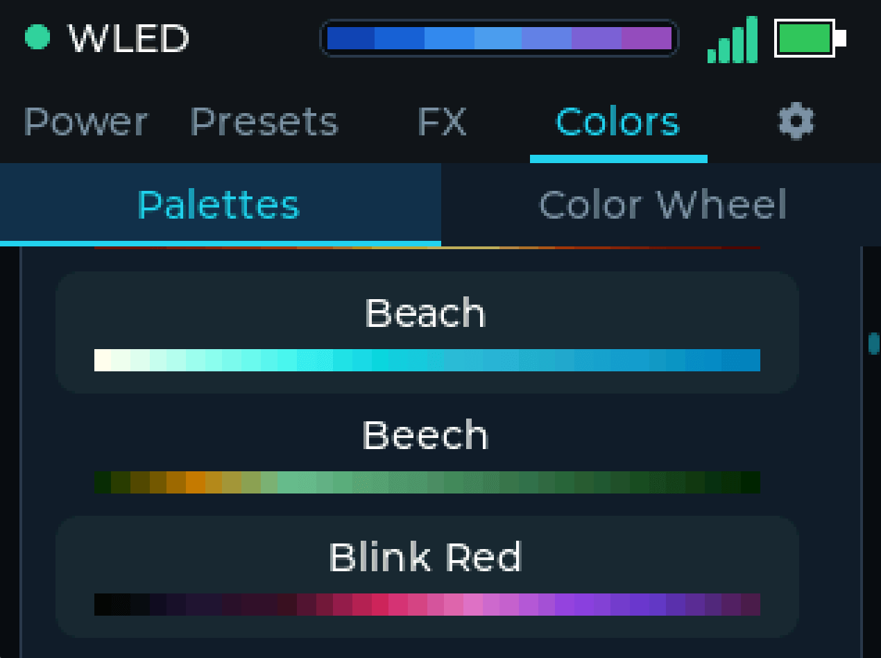 Palettes screen