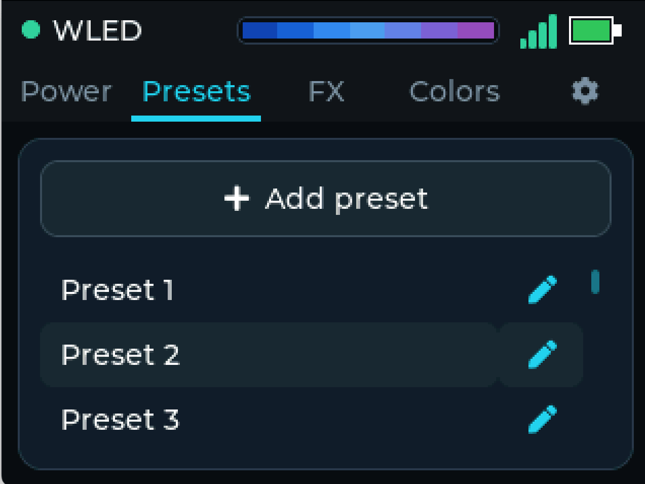 Presets screen