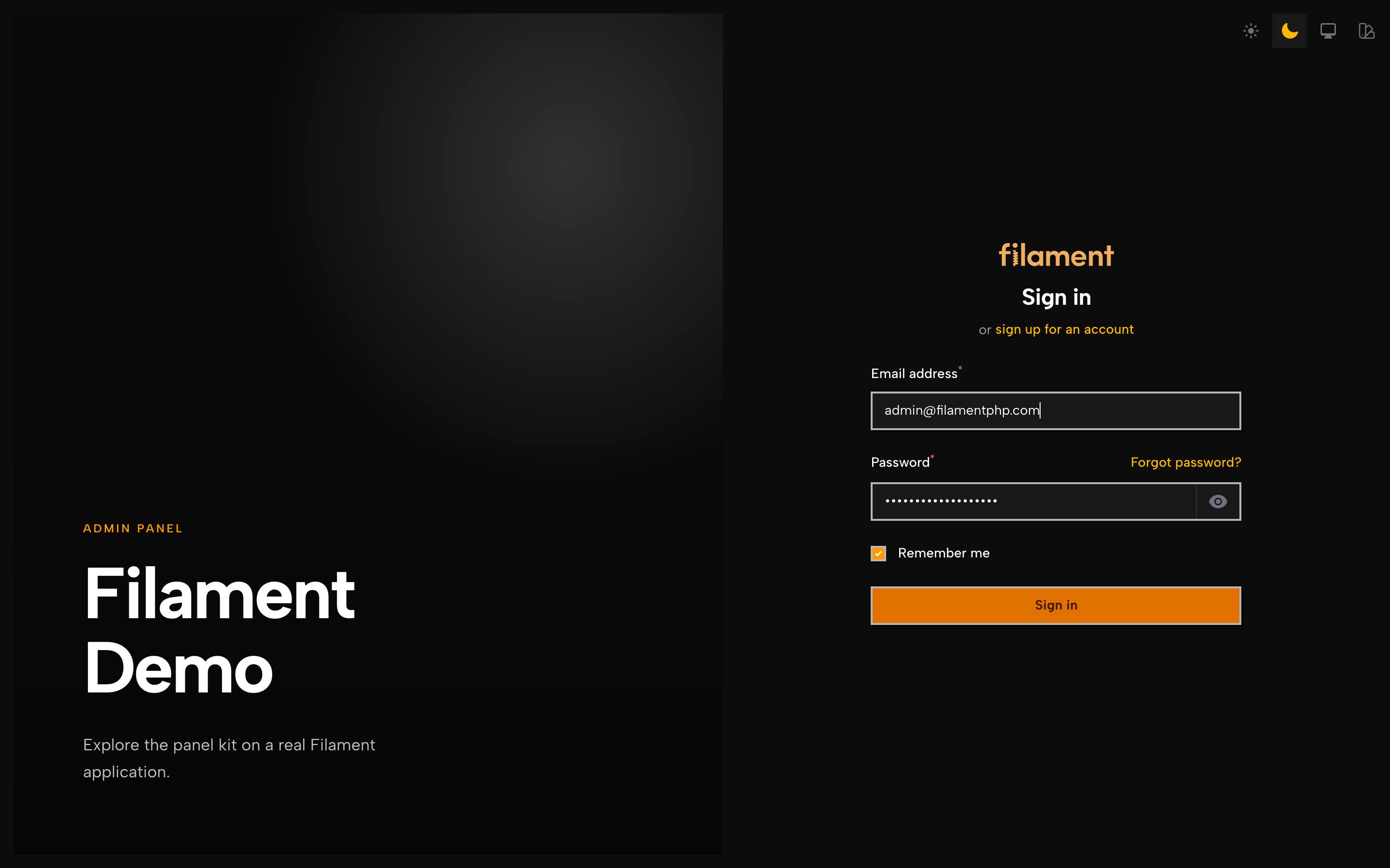 Brutal, dark mode, the sign-in screen