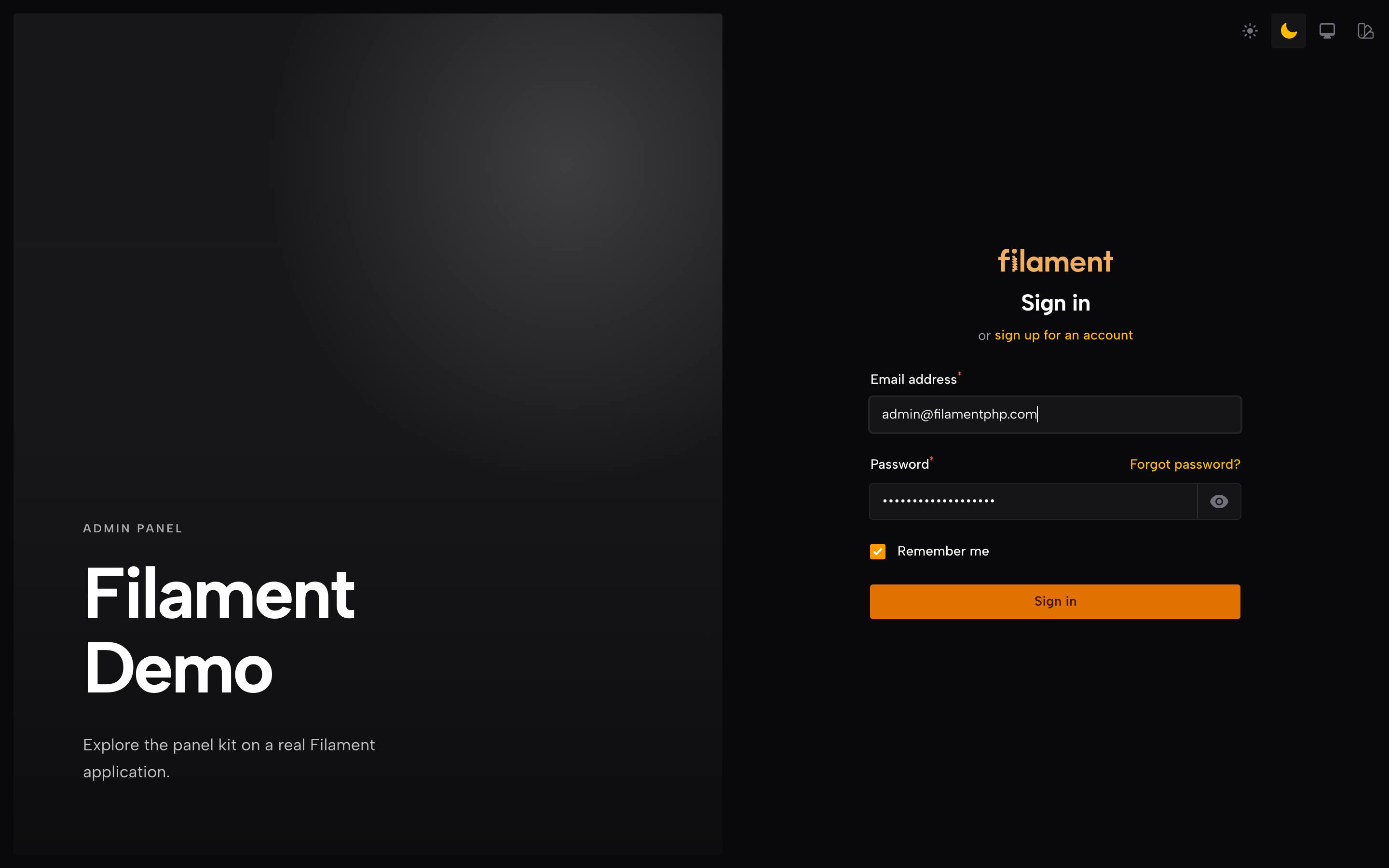 Flat, dark mode, the sign-in screen