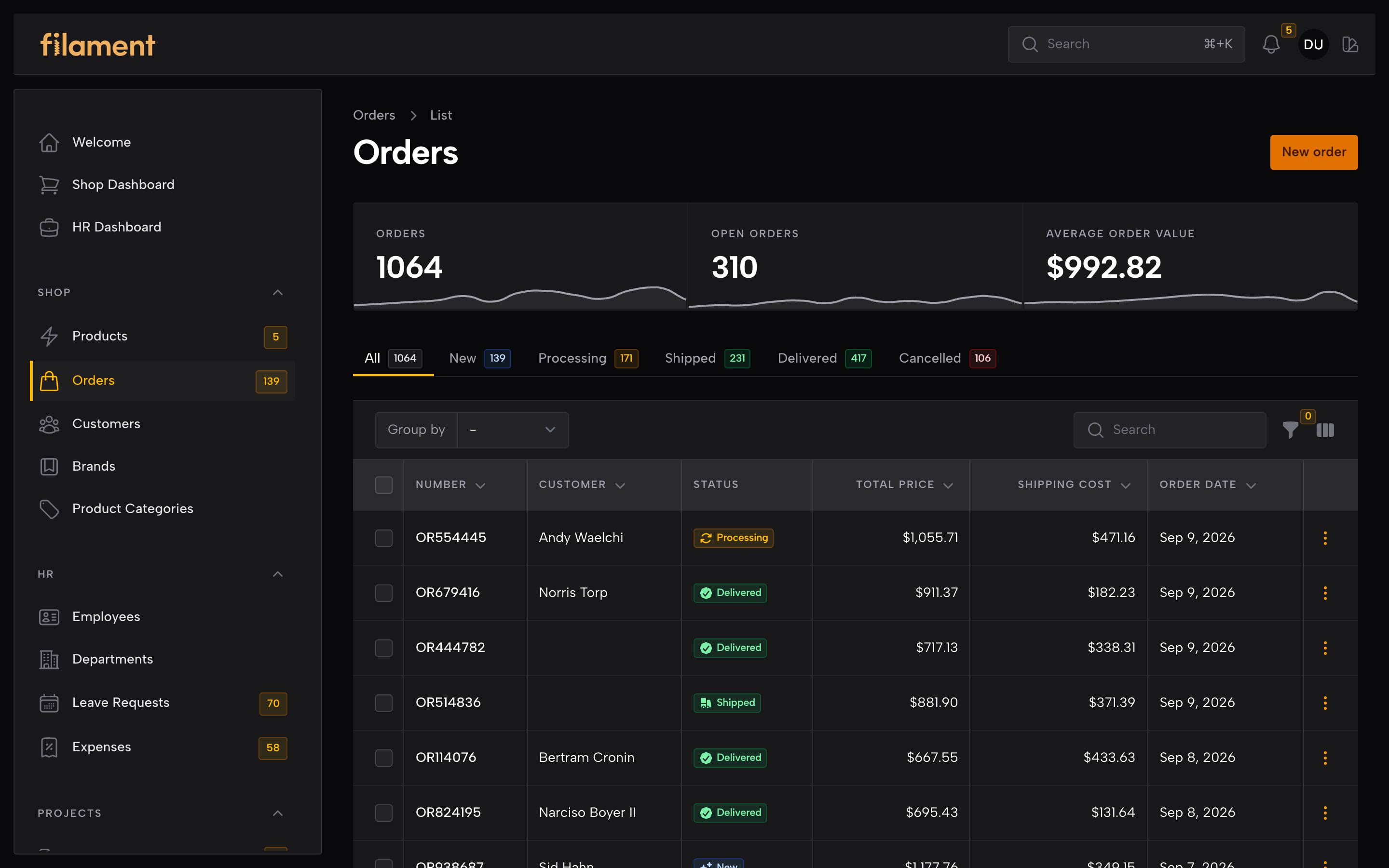 Flat, dark mode, a table view