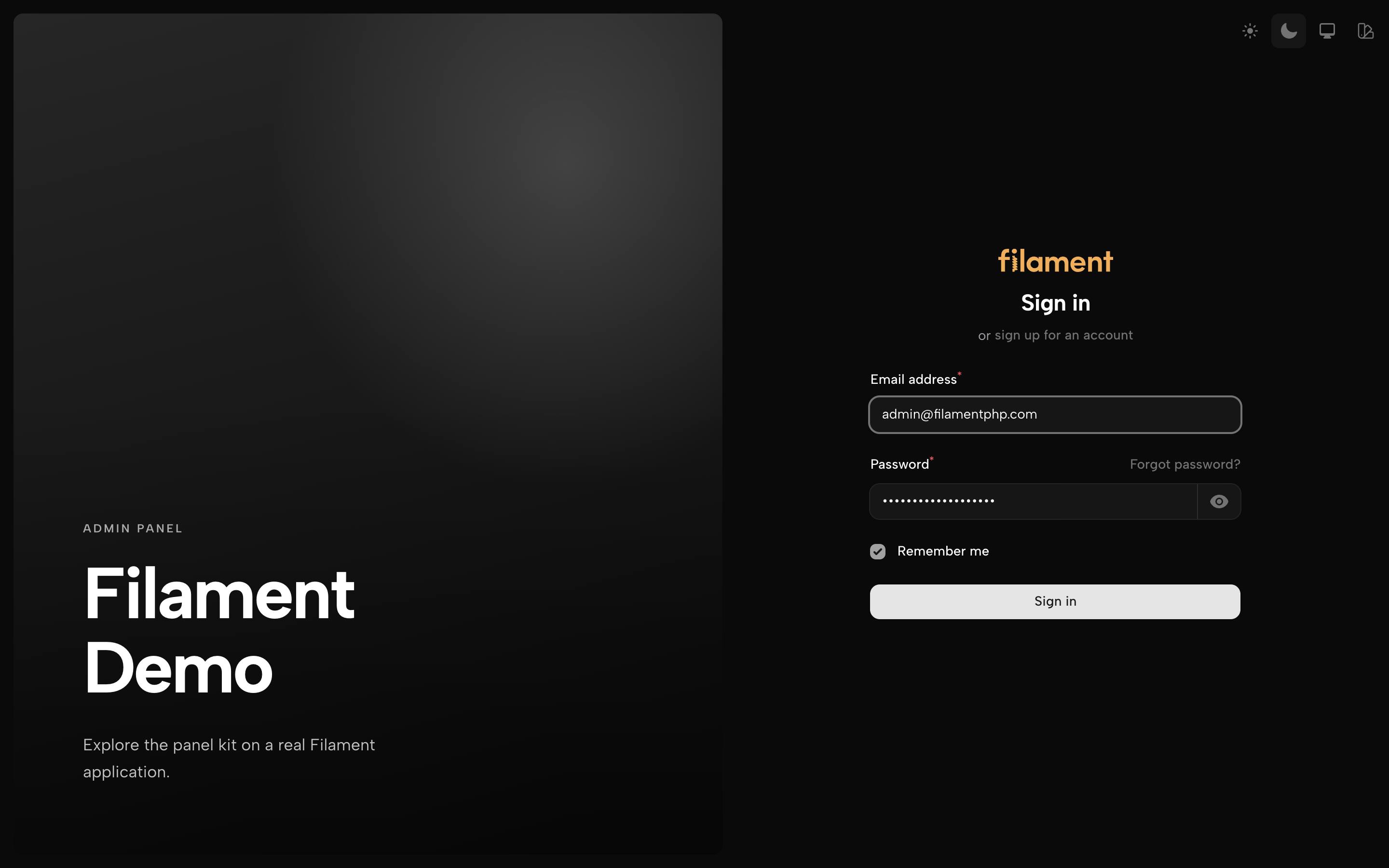 Quartz, dark mode, the sign-in screen