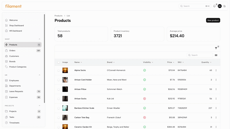 The appearance menu switching a Filament table page between the Quartz, Flat and Canvas themes and toggling the floating and compact layouts