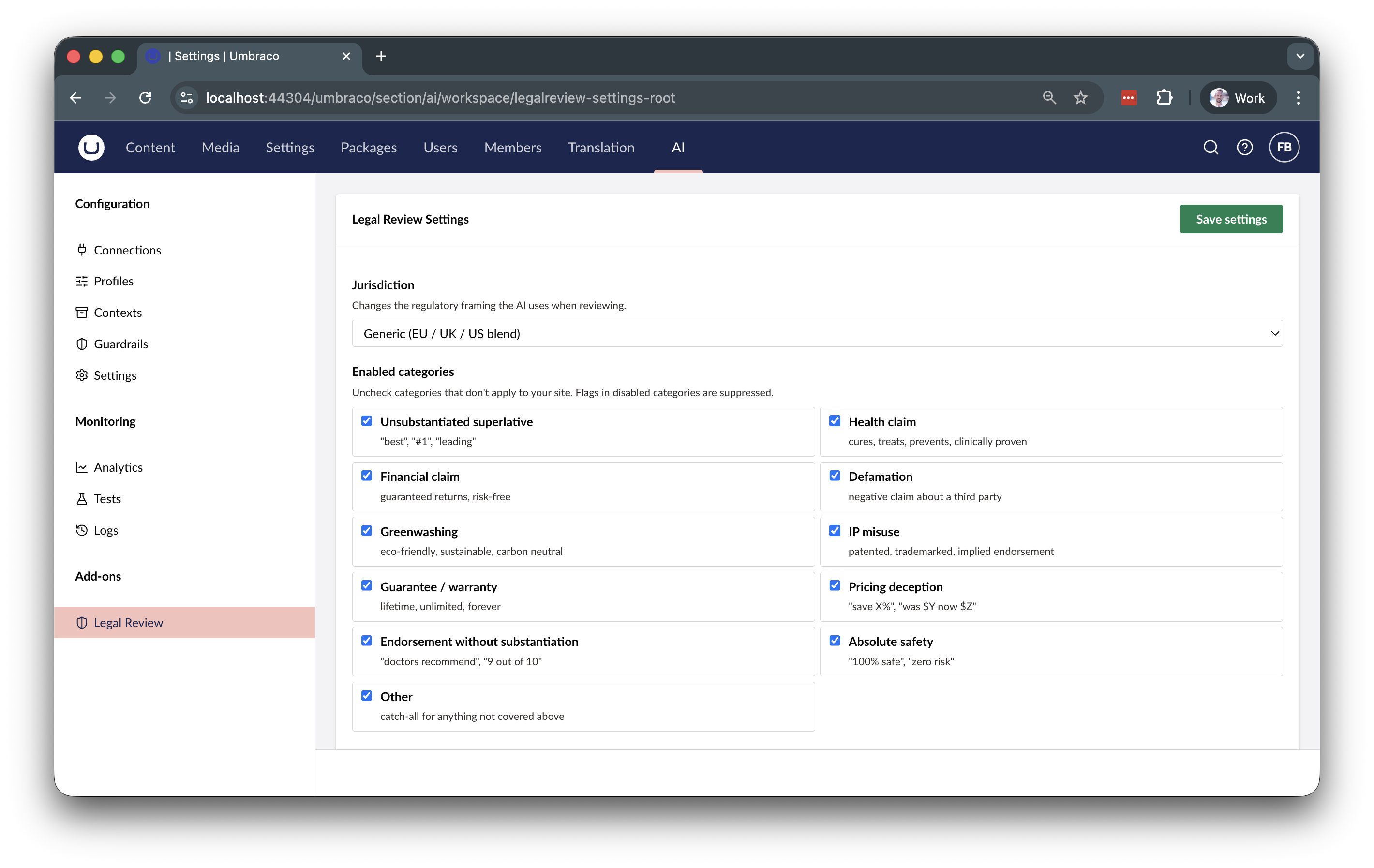 Legal Review settings workspace under AI → Add-ons