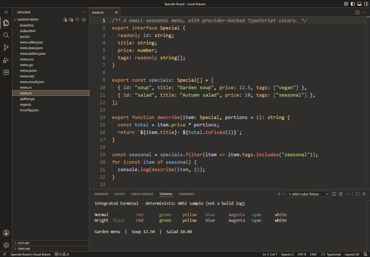 Specials Board flagship: TypeScript menu with copper declarations, olive strings and terracotta functions, warm Explorer and status bar, and labeled normal and bright ANSI terminal colors.