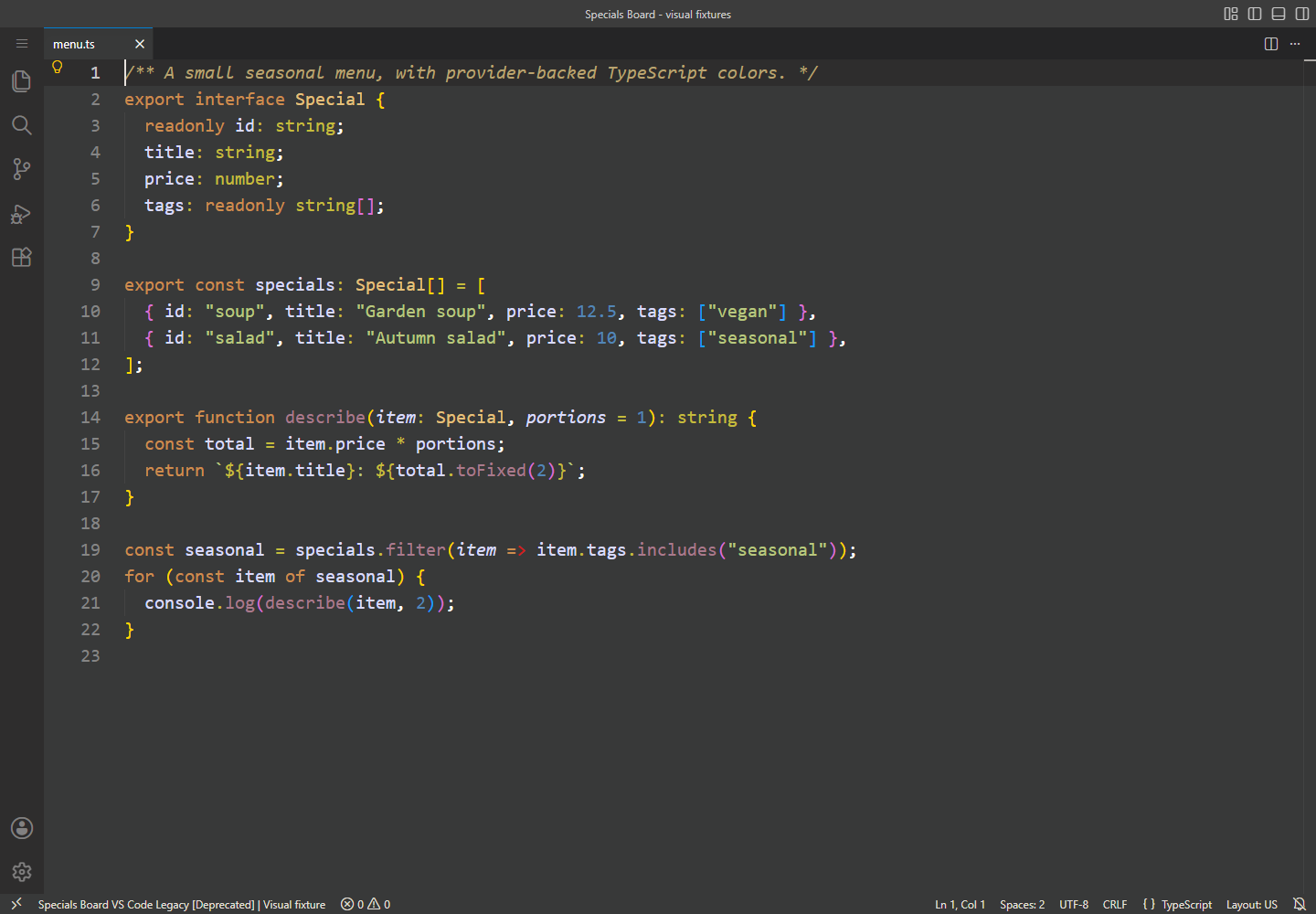 Deprecated Specials Board VS Code Legacy: the same TypeScript menu used in the flagship workbench image, with its historical cooler variables, mauve functions and flat gray editor surface.