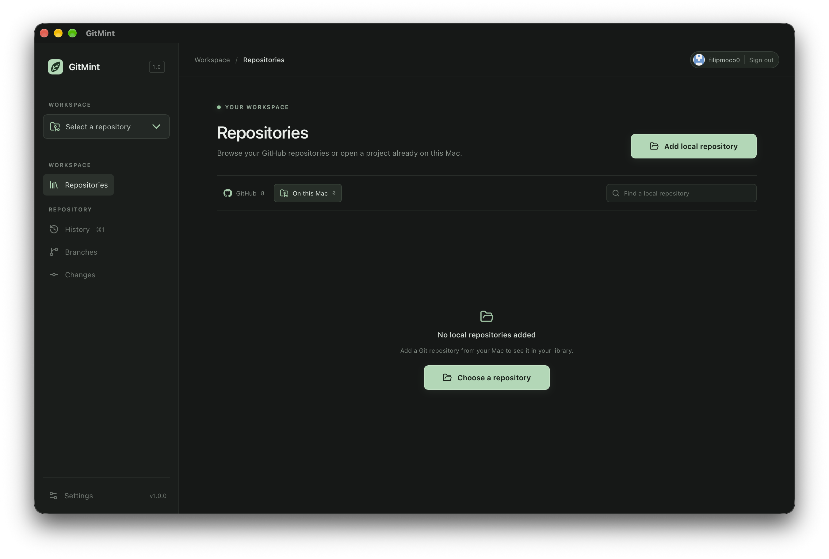 GitMint repository library on macOS