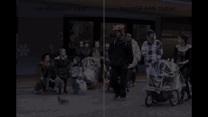 Low-resolution input vs. NanoVSR-644k output (4x upscaling)