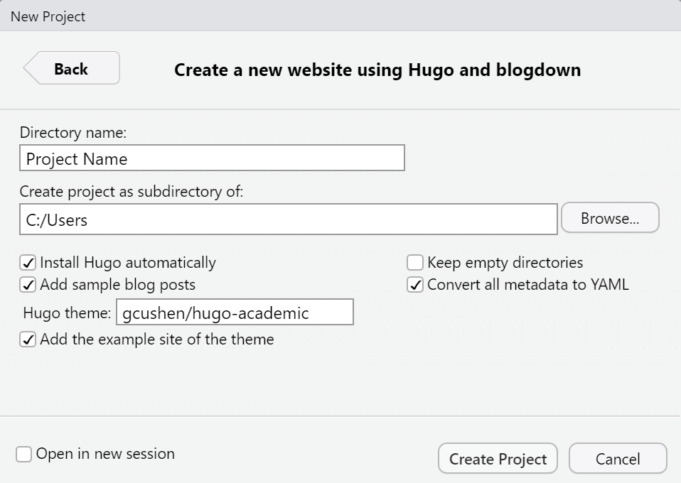 Blogdown settings for new Hugo website