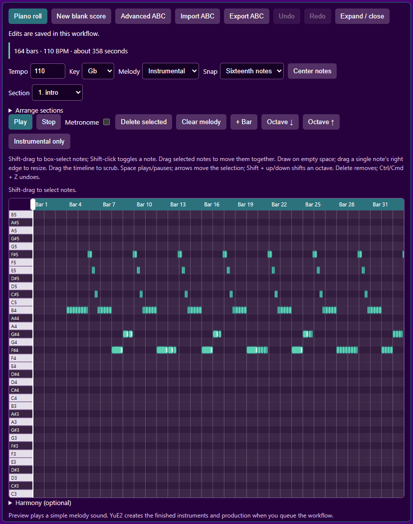 YuE2 piano roll with an editable score