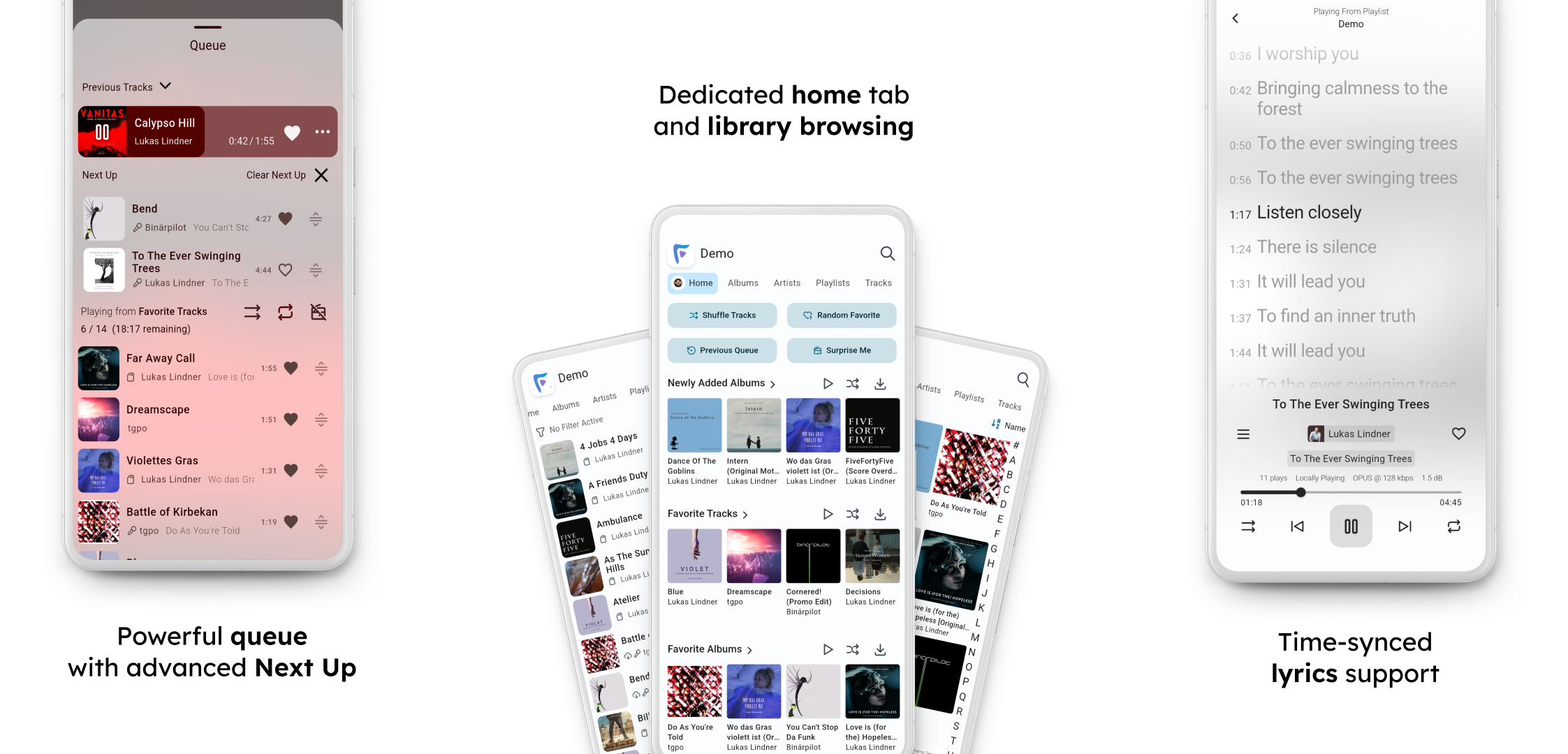 Banner with screenshots of Finamp, showing the queue panel, home & library tabs, and lyrics screen. It includes the following text: Powerful queue with advanced Next Up, dedicated home tab and library browsing, time-synced lyrics support