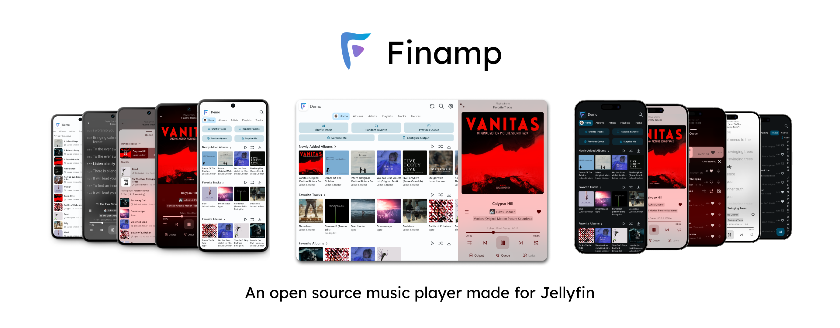 Several screenshots of Finamp, featuring various screens in the app on desktop, Android, and iOS