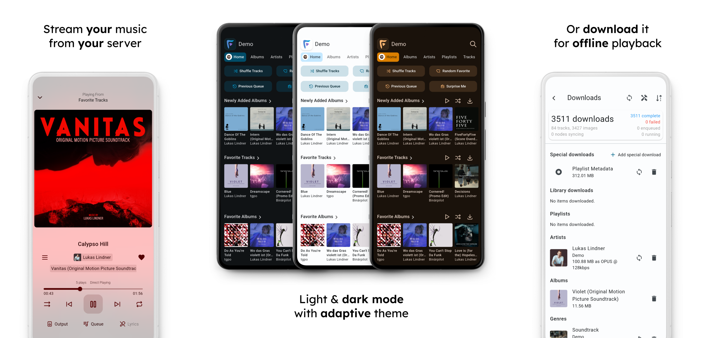 Banner with screenshots of Finamp, showing the player screen, light mode, dark mode & adaptive theme colors, and the downloads screen. It includes the following text: Stream your music from your server, or download it for offline playback. Light & dark mode with adaptive theme
