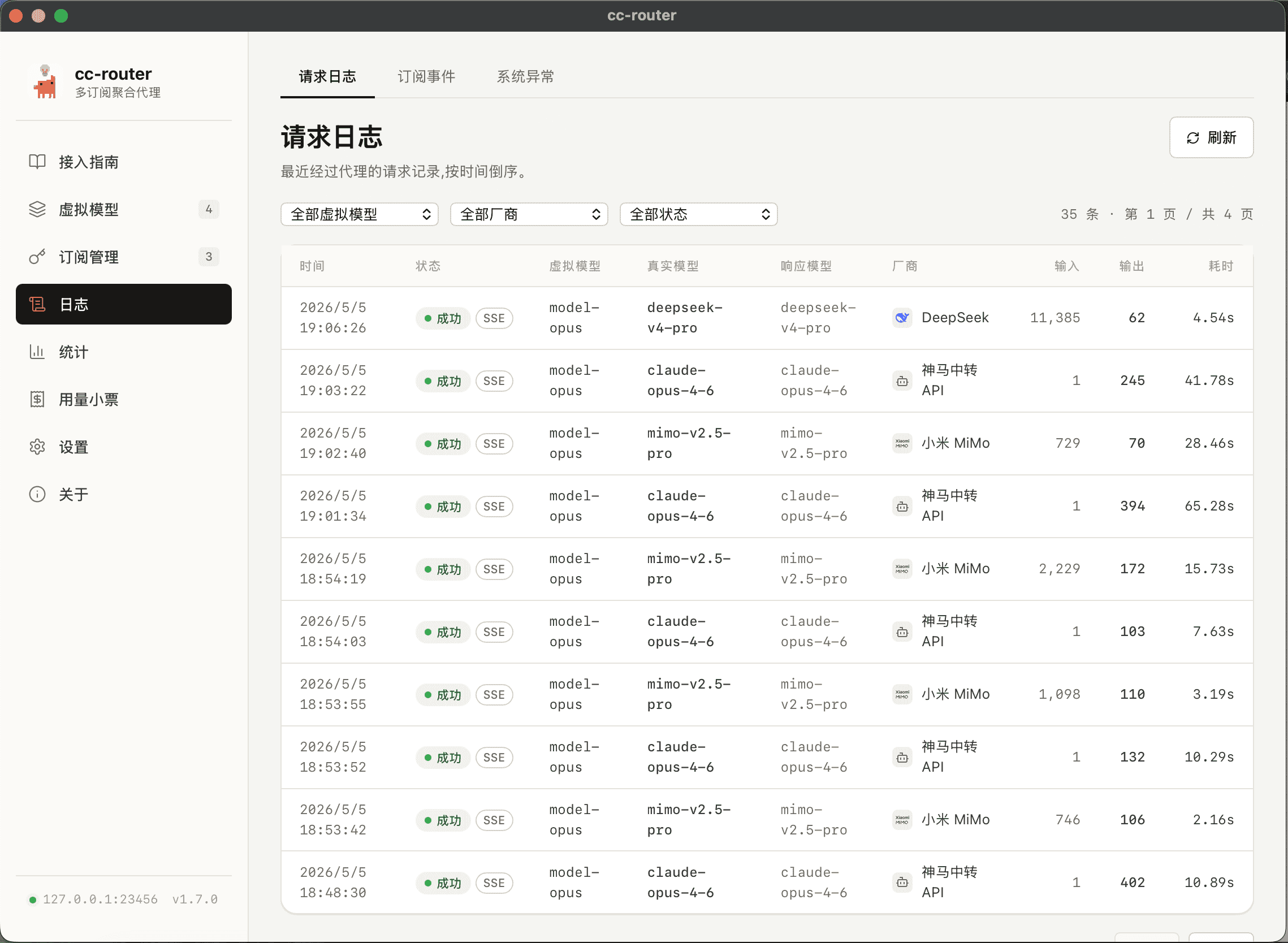 cc-router 请求日志页截图