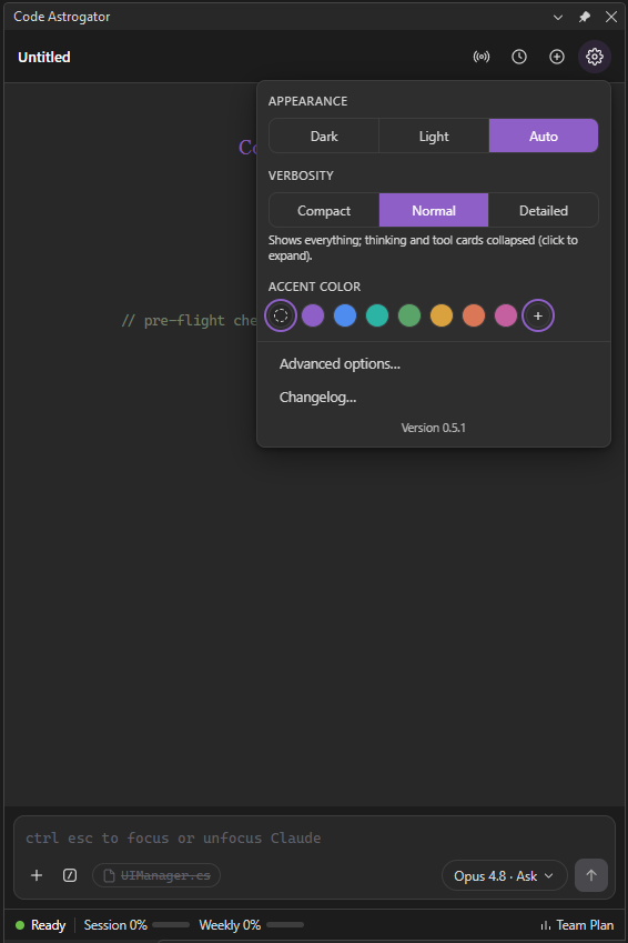 Appearance popover with theme, verbosity, and accent color
