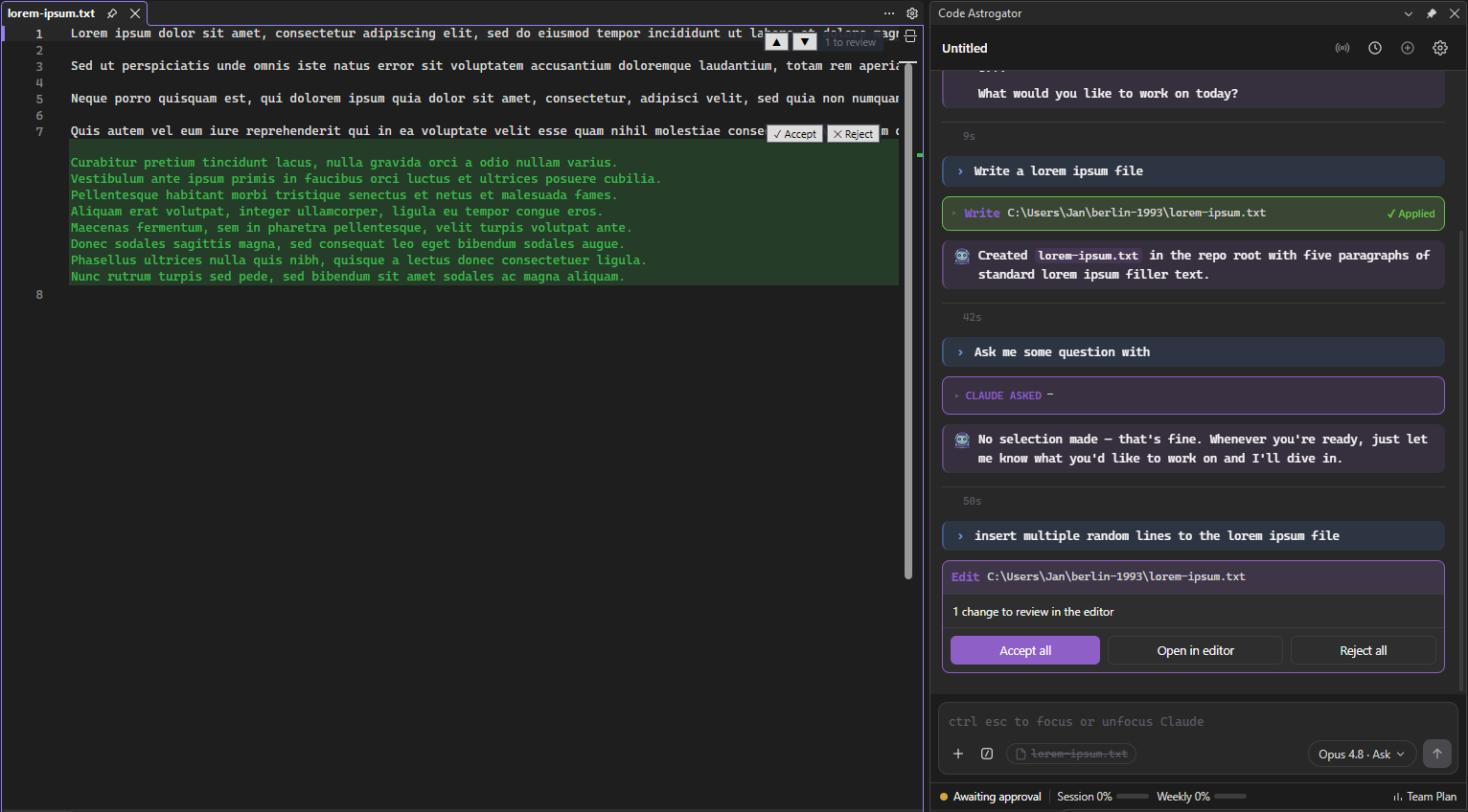 Inline edit review shown directly in the Visual Studio code editor