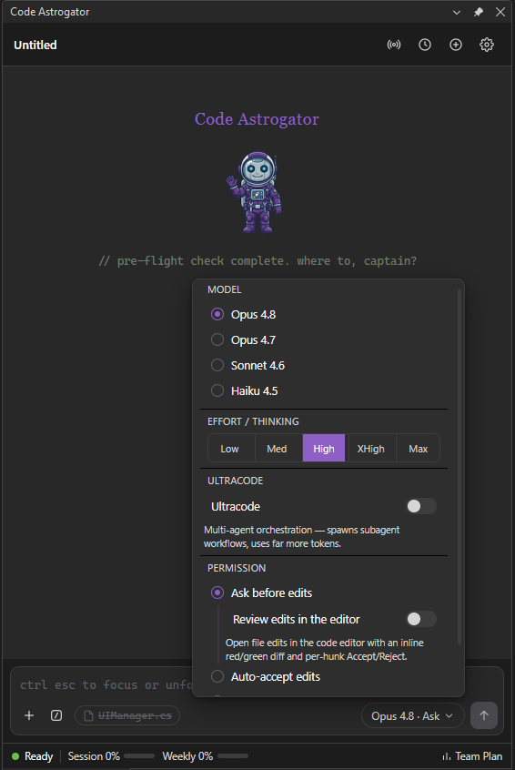 Model and mode popover with Ask-before-edits and inline-review toggle