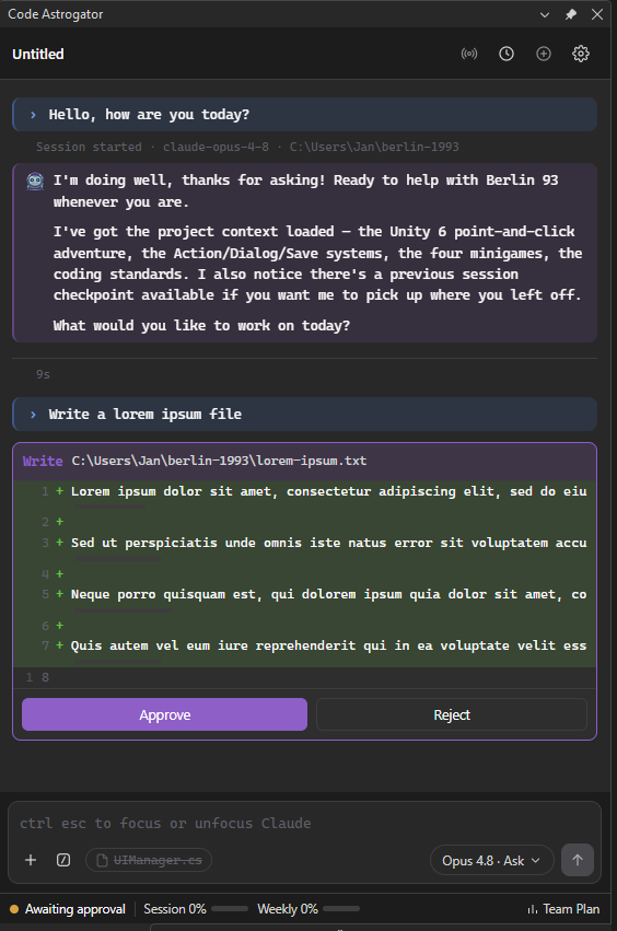 Permission card with an inline diff and Approve/Reject buttons