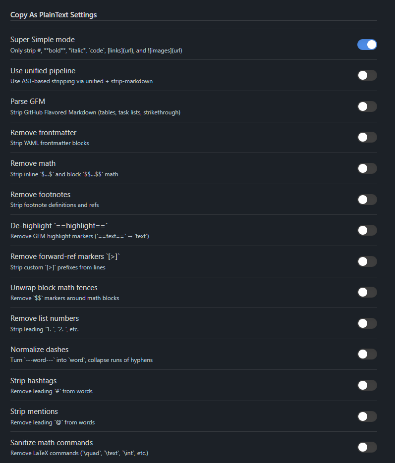 Settings panel