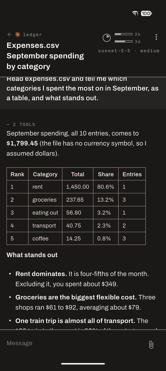 A conversation with a table in its answer; in the header the context pie, the plan's five-hour and weekly bars, and the model and effort