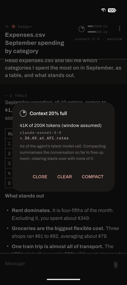 The context pie's details: tokens used of the window, the model, the session's cost, and buttons to clear or compact