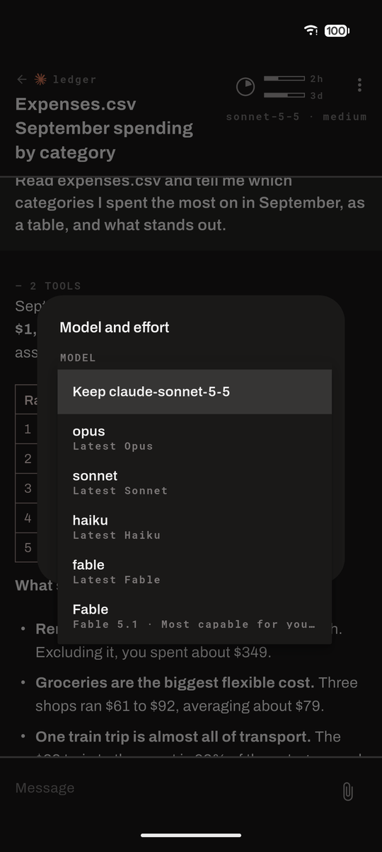 A running agent's model and effort, with the models it offers