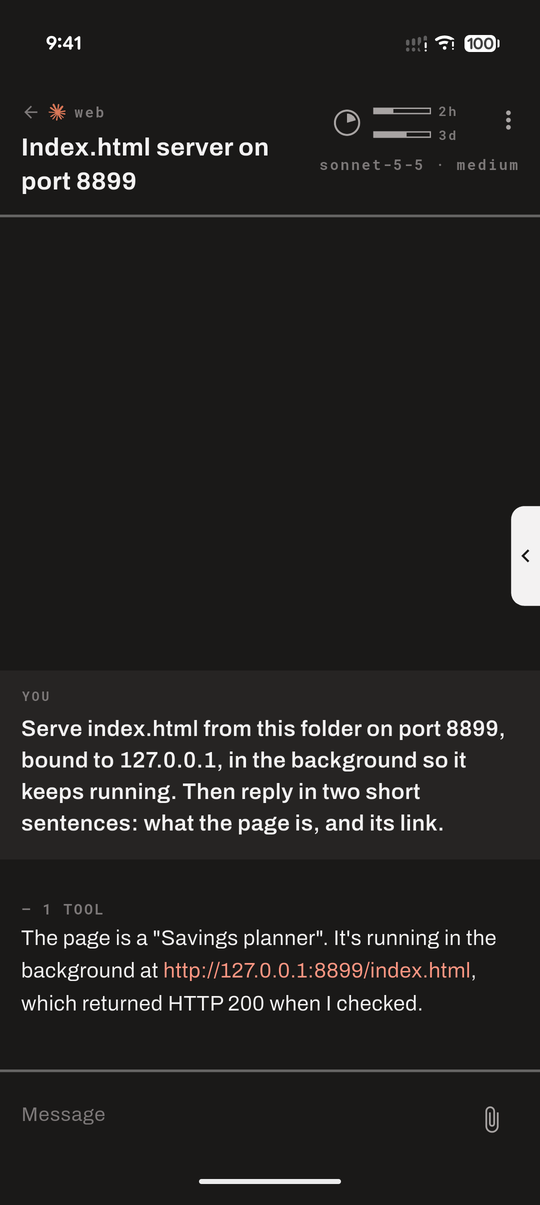 A chat in which the agent has started a web server and printed its link; the lip on the right edge holds the page, put away