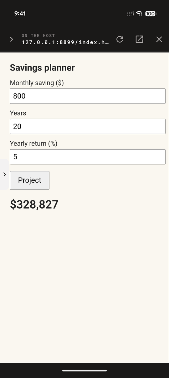 The page open in Shepherd: an interactive savings planner served by the agent on the host, with the lip on its left edge back to the chat