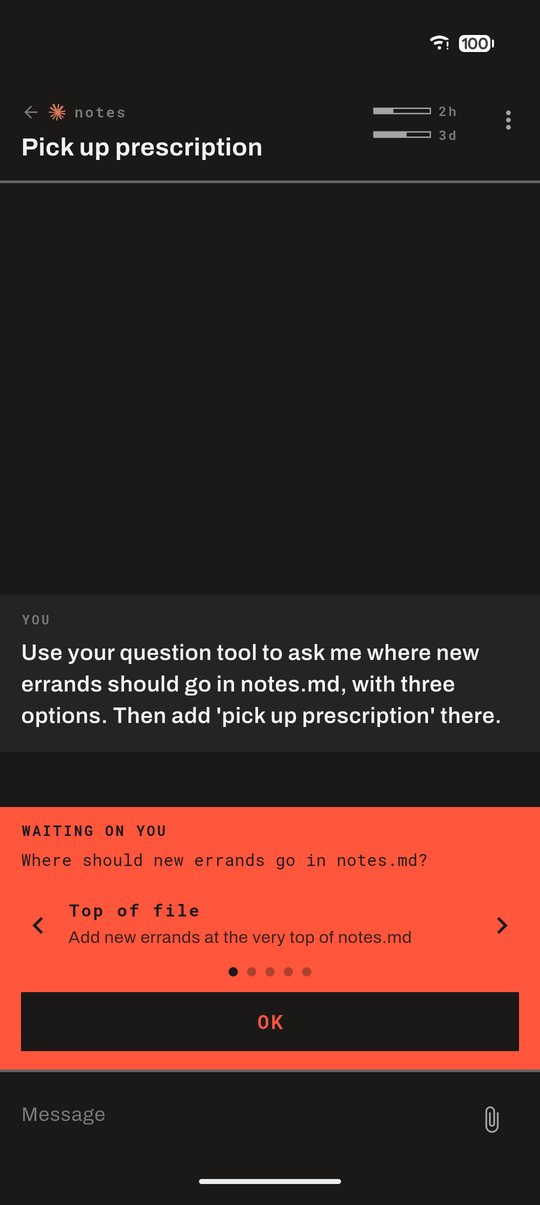A question in the conversation: one option at a time with its explanation, dots for position, and an OK button