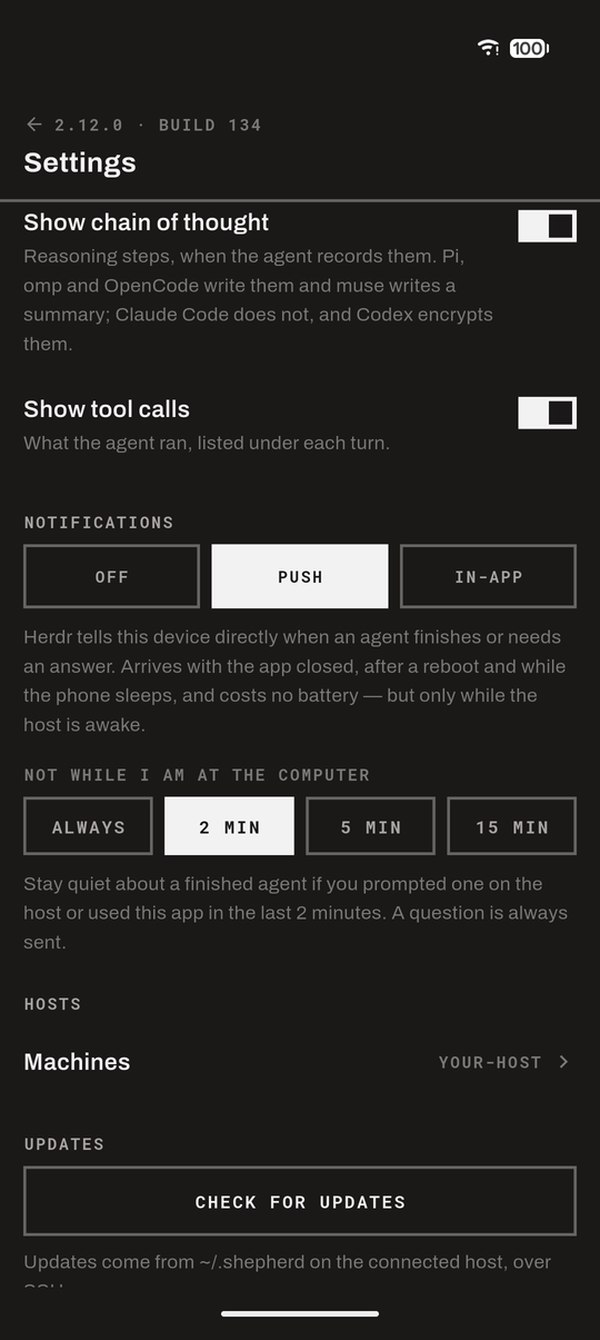 Settings: what the transcript shows, the notification mode picker, the quiet window, and where updates come from