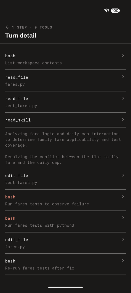 The steps behind a turn: tool calls in order, failed ones in red, with the agent's reasoning between them