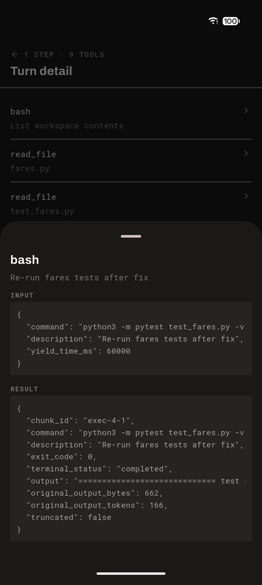 One tool call with its input and its result