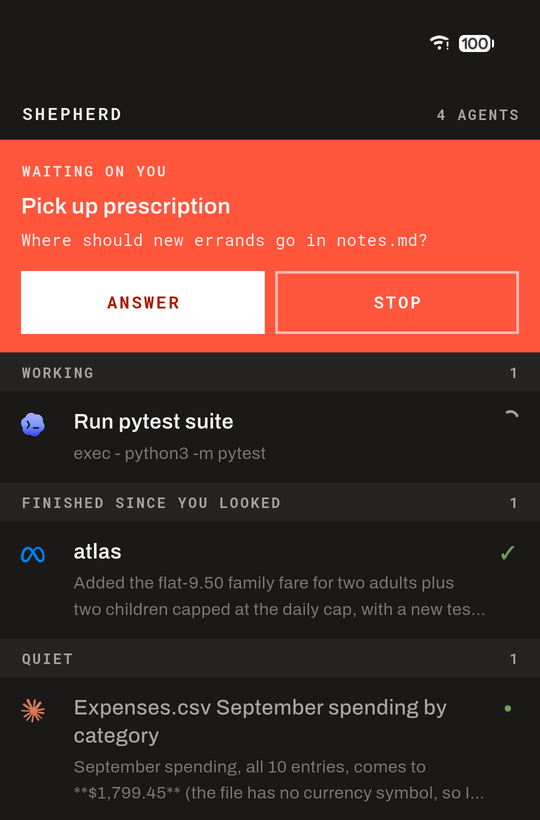An agent asking a question at the top of the list, with one working and one finished below it