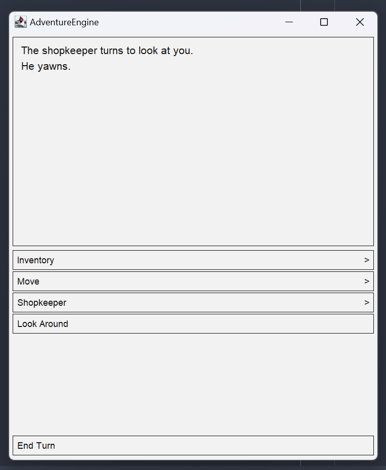 An image of the main UI of an AdventureEngine game, including a text output panel and several option buttons