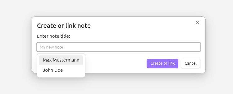 Objects screenshot — Modal for naming a new object with existing note suggestions