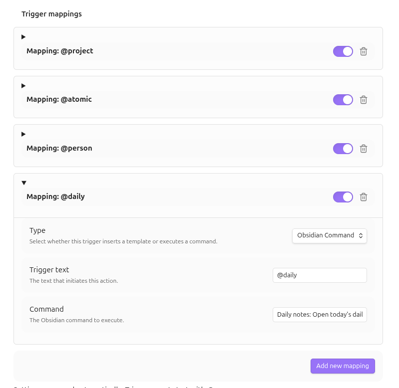 Objects screenshot — Settings page showing command shortcut triggers