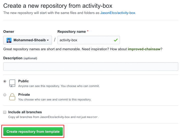 Screenshot of the GitHub repository creation UI