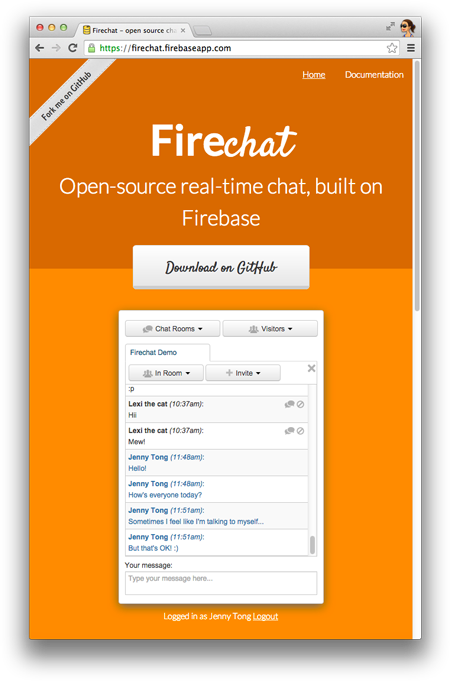 A screenshot of Jenny and Lexi the cat chatting on the Firechat demo