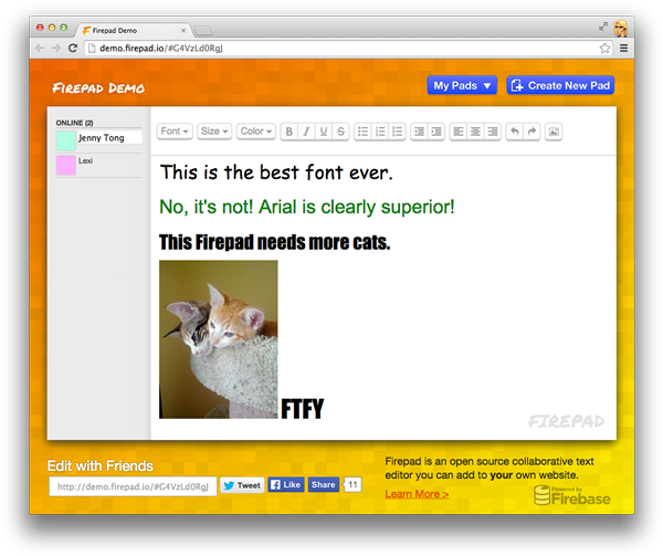 a screenshot of demo.firepad.io including a picture of two cats and a discussion about fonts