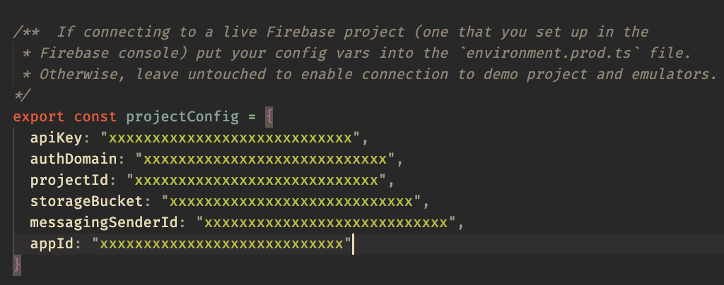 Photo of `environments.prod.ts` file with mock firebase web config info copied