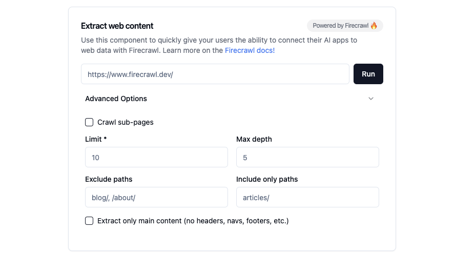 Firecrawl dashboard interface with usage and integrations overview