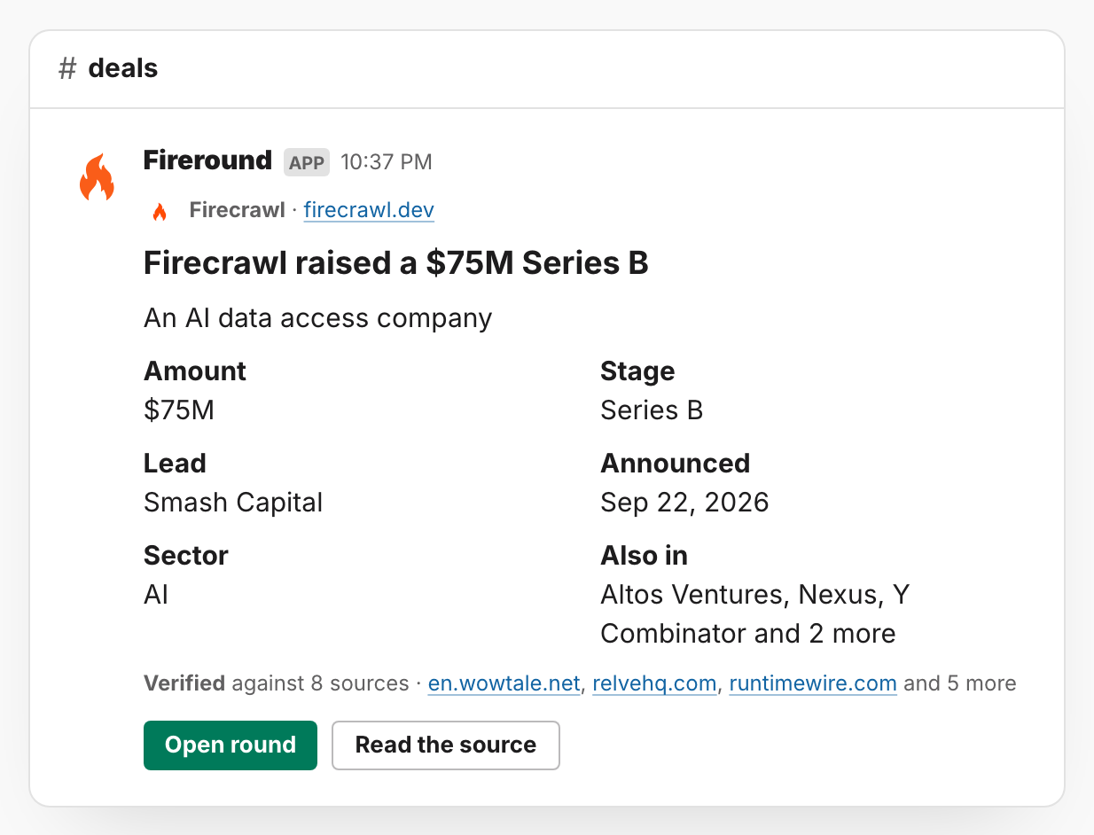 A new round posted to Slack: the amount, stage, lead, date, sector, and other investors, the sources it was checked against, and buttons to open the round and read the source