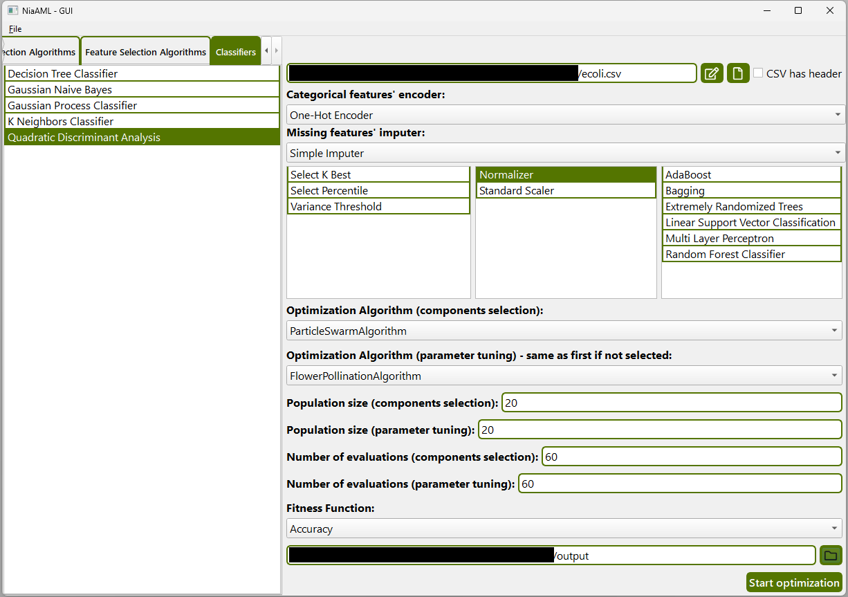 NiaAML GUI Optimization Setup