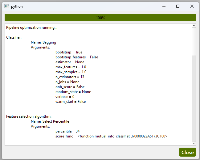 NiaAML GUI Optimization Output