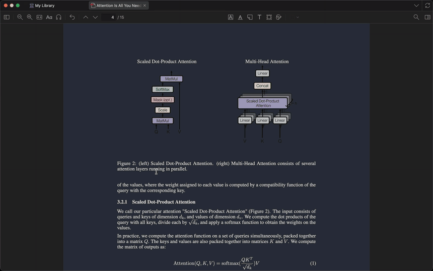 In Zotero, open the side pane on Attention Is All You Need, turn on Drawing and LaTeX, ask how Q, K and V flow and why attention divides by the square root of d_k, and read Claude's answer with its diagram and lemmas