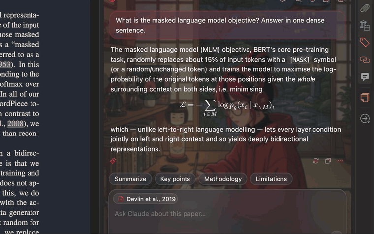 In Zotero on the BERT paper, a dense one-sentence answer, then the Explain better button produces intuition, steps and an example