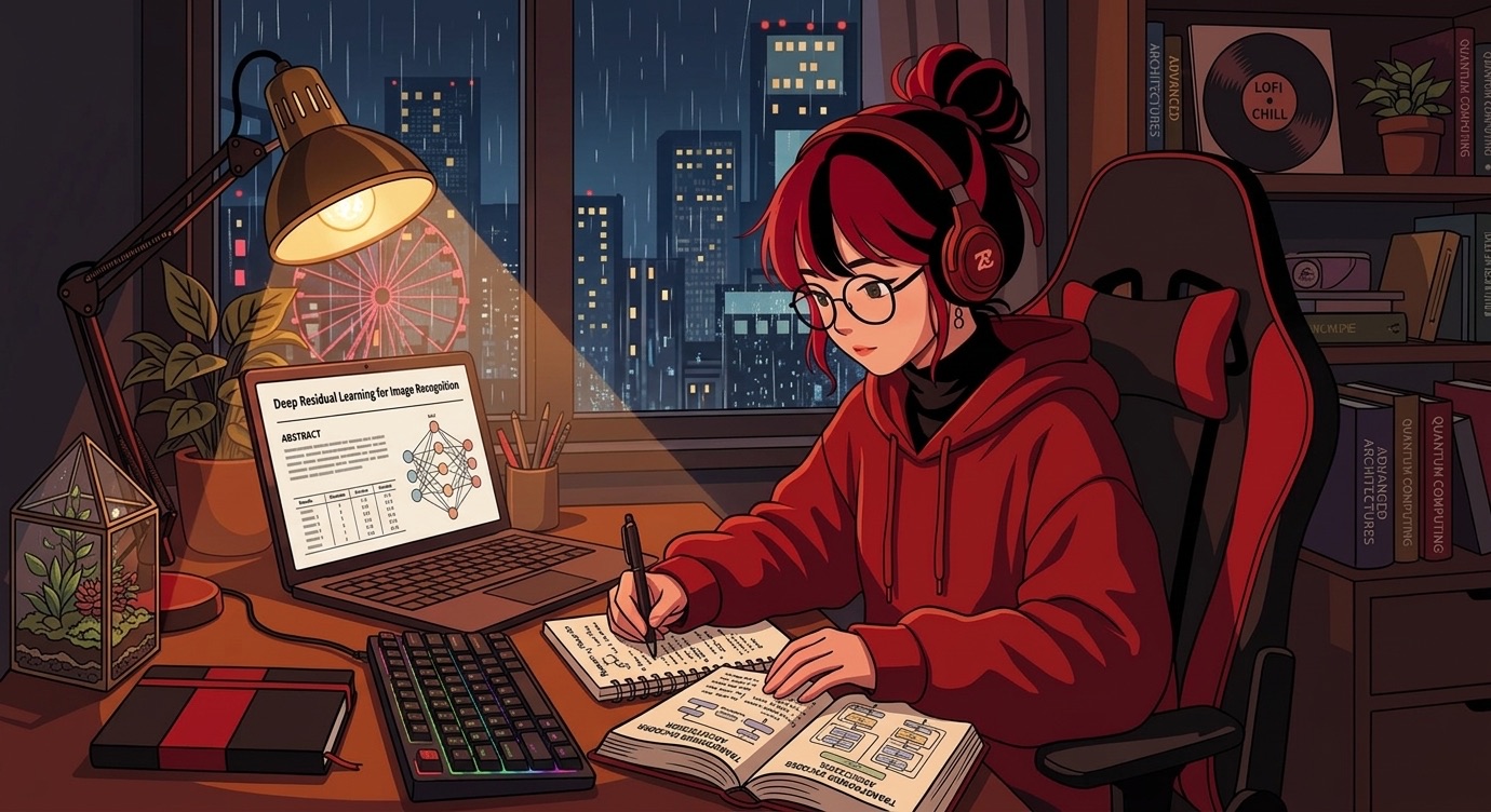 Zusia: a girl in a red hoodie studying the ResNet paper at night