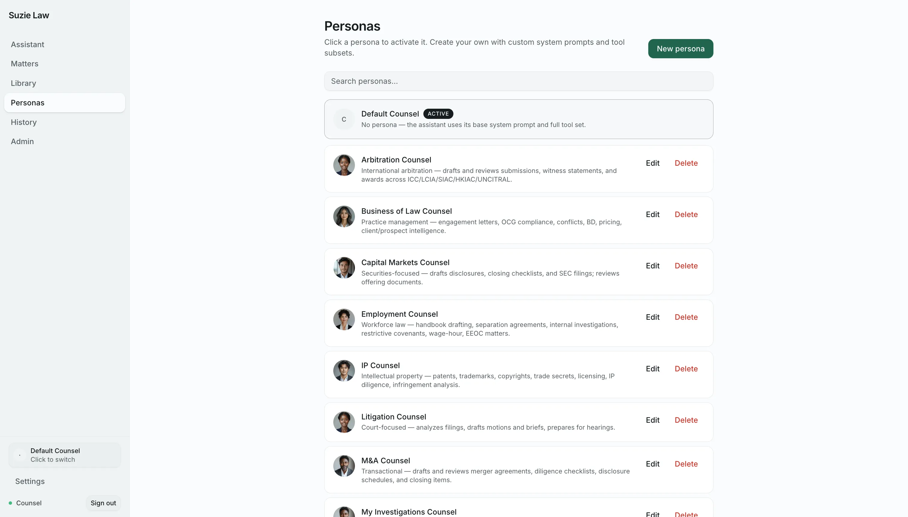 Practice-area personas